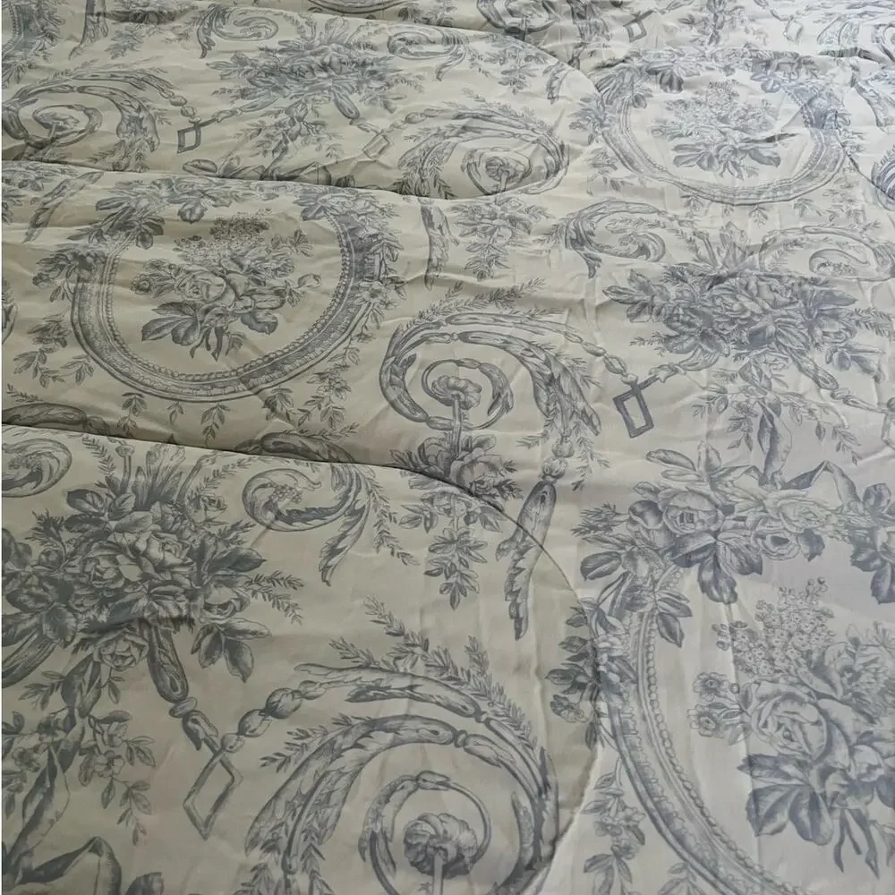 Vintage French country Toile‎ Cream Blue Queen Quilt Comforter Bedspread 2 Shams